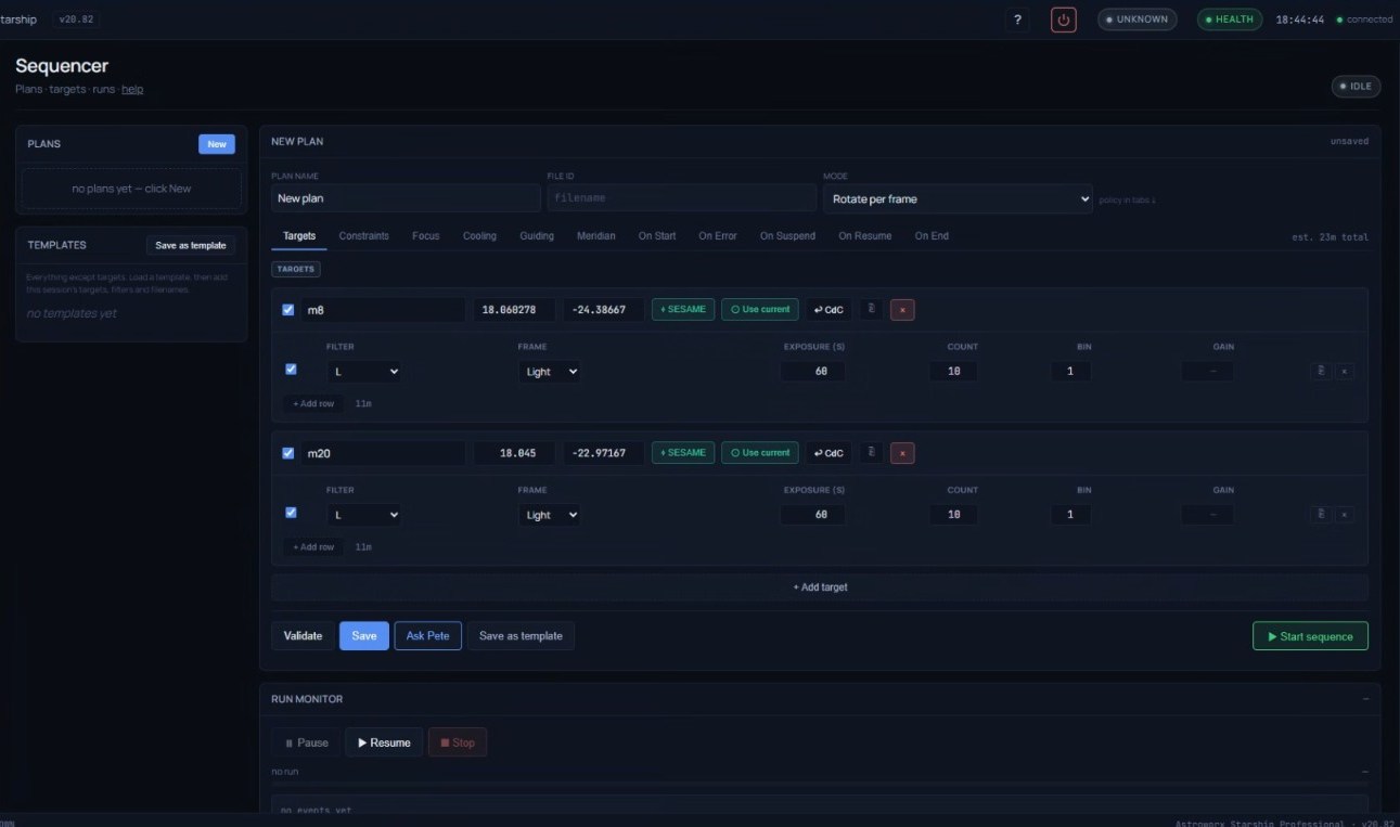 The Starship sequencer with a multi-target plan and per-filter exposures.