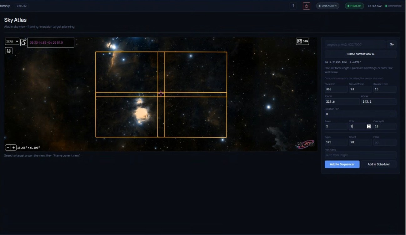 Sky Atlas framing a mosaic over the Orion region.